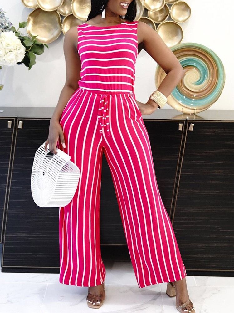 Stripe Office Lady Full Length Mid Waist Slim Damen Jumpsuit