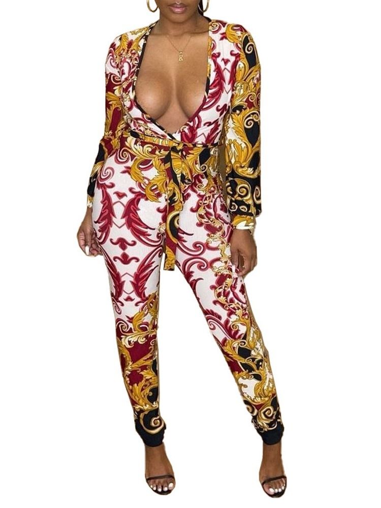 Western Print Full Length Mid Waist Damen Skinny Jumpsuit