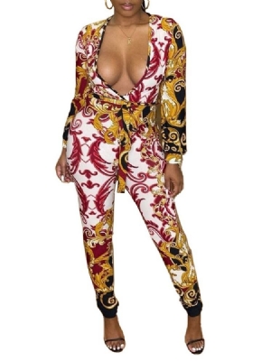 Western Print Full Length Mid Waist Damen Skinny Jumpsuit