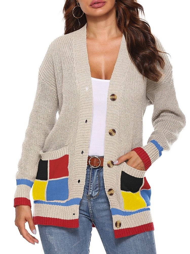 Damen-patchwork Regular Einreihiger Herbst Loser Pullover