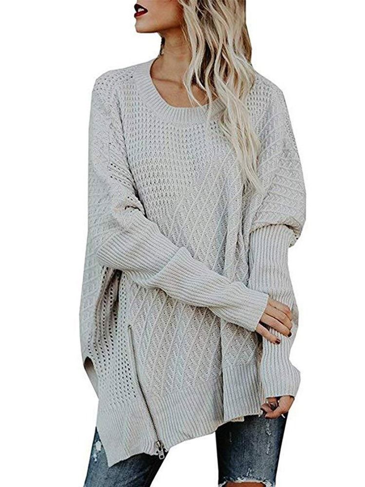 Damen Reißverschluss Regular Langarm Loser Pullover Loose