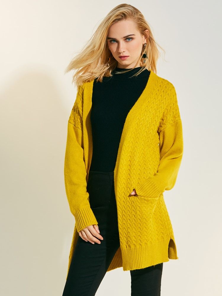 Lockere Einfarbige Mittellange Strickjacke Für Damen