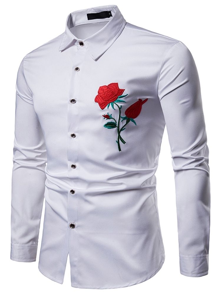 Blumenbedrucktes Slim Button Up Revers Freizeithemden Für Herren