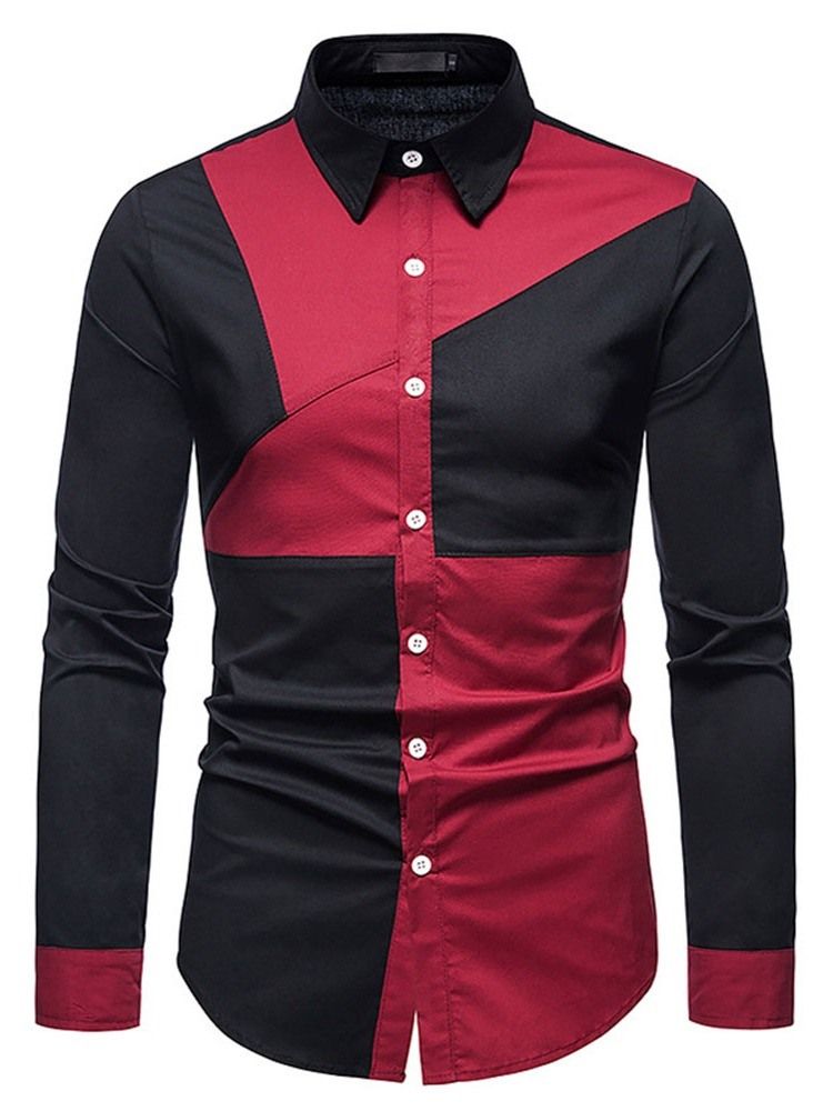 Color Block Casual Asymmetrisches Herren Slim Frühlingshemd