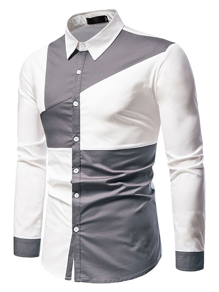 Color Block Casual Asymmetrisches Herren Slim Frühlingshemd