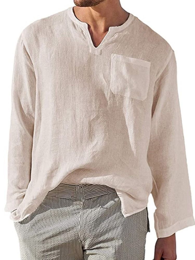 Pocket Plain Stehkragen Herren Lose Hemd