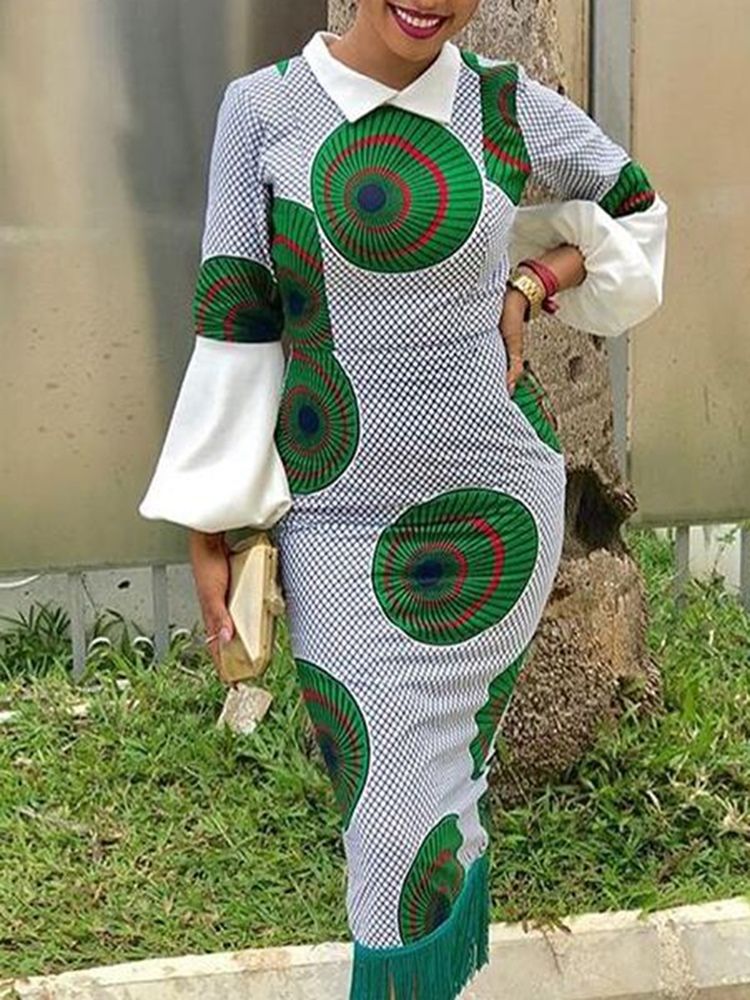 African Fashion Ankara Geometrische Quaste Saum Meerjungfrau Damenkleid