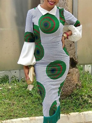 African Fashion Ankara Geometrische Quaste Saum Meerjungfrau Damenkleid