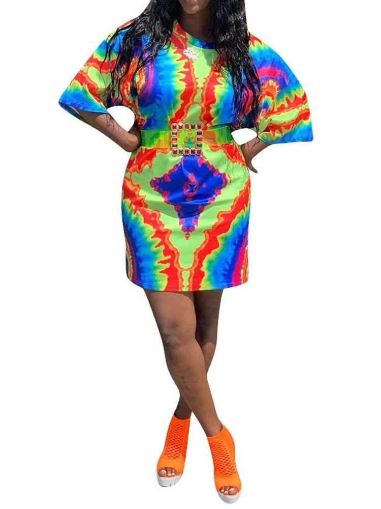 Afrikanische Damenmode Mit Dreiviertelärmeln Und Rundhalsausschnitt Über Dem Knie Figurbetontes Kleid