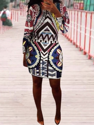 Afrikanisches Damenmode Mit Rundhalsausschnitt Geometrisch Über Dem Knie Figurbetontes Kleid