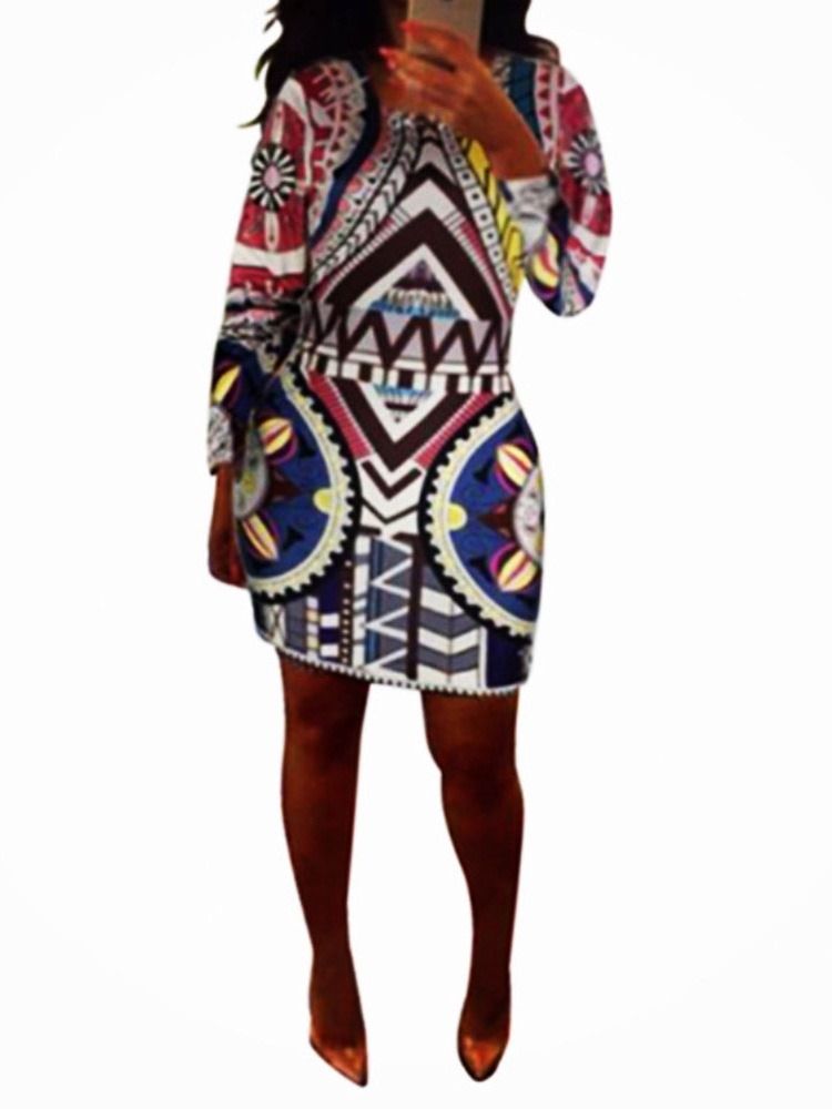 Afrikanisches Damenmode Mit Rundhalsausschnitt Geometrisch Über Dem Knie Figurbetontes Kleid