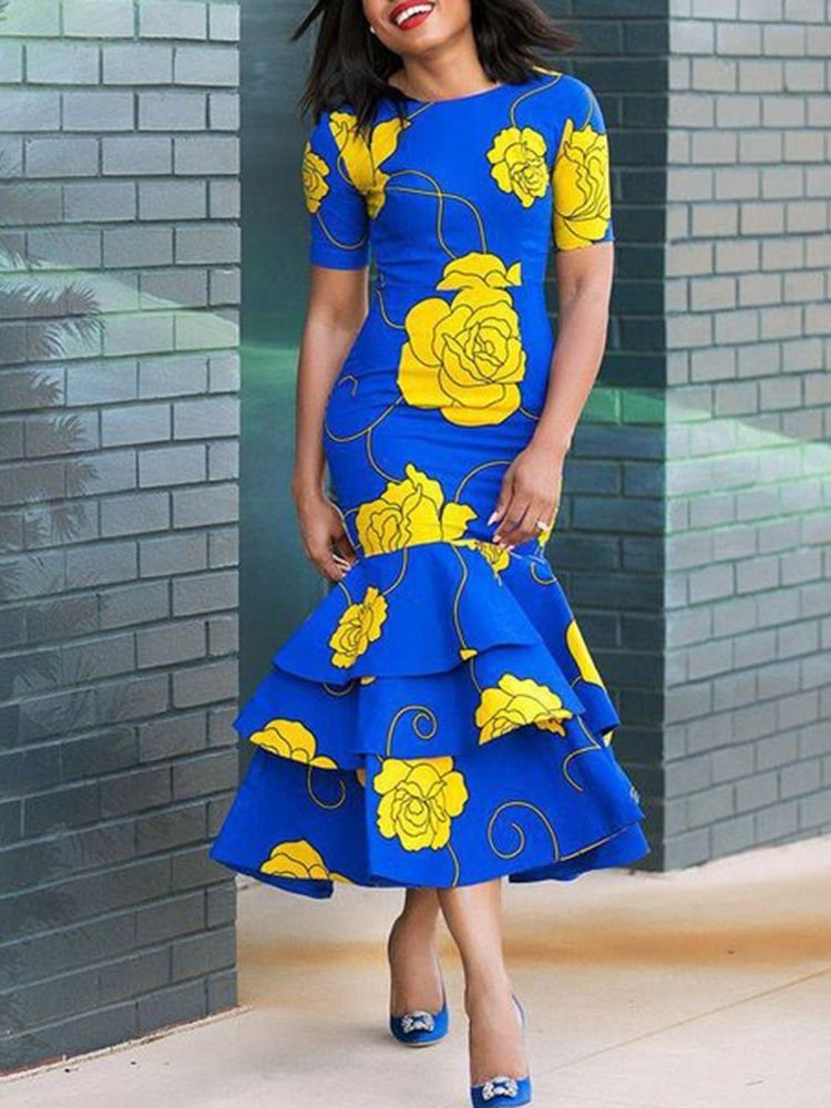 Afrikanisches Kleid Für Damen Mit Rüschen Und Blumenmuster Mit Rundhalsausschnitt