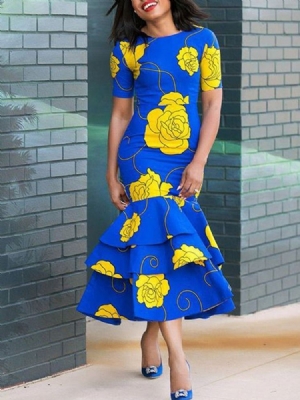 Afrikanisches Kleid Für Damen Mit Rüschen Und Blumenmuster Mit Rundhalsausschnitt