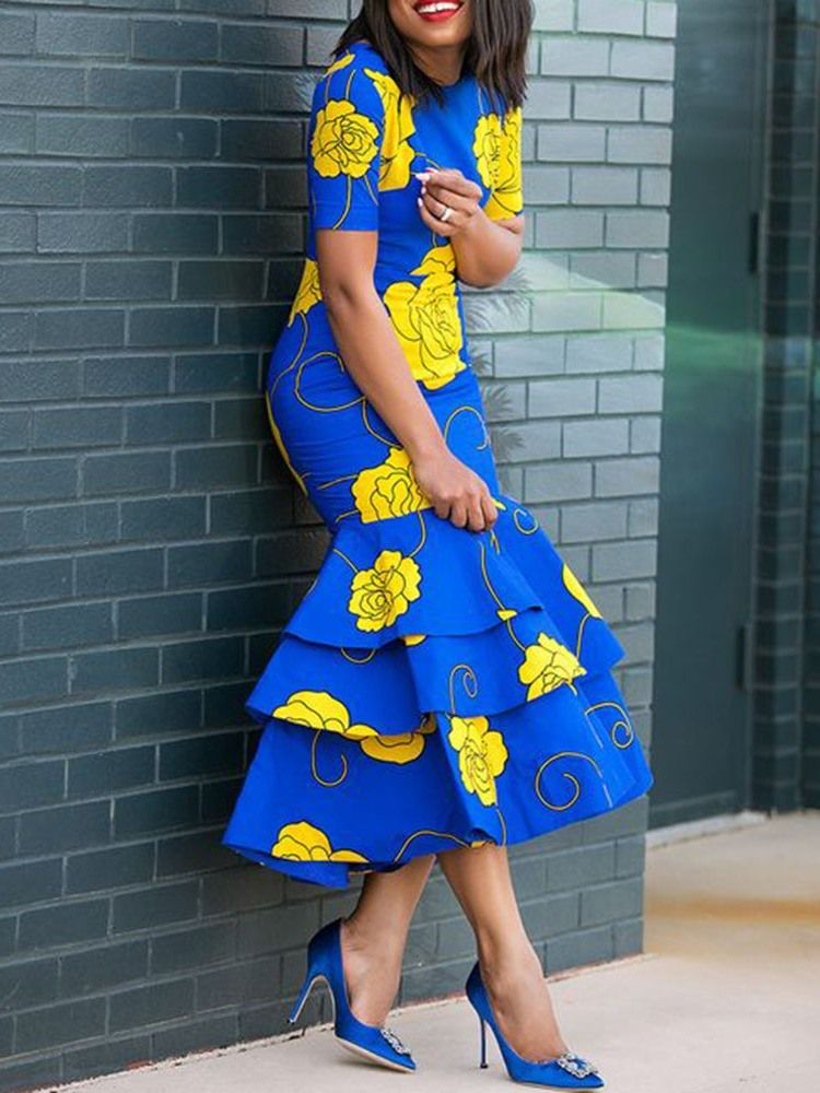 Afrikanisches Kleid Für Damen Mit Rüschen Und Blumenmuster Mit Rundhalsausschnitt