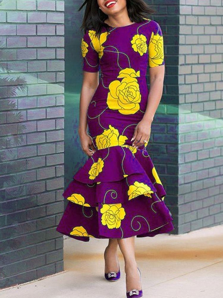 Afrikanisches Kleid Für Damen Mit Rüschen Und Blumenmuster Mit Rundhalsausschnitt