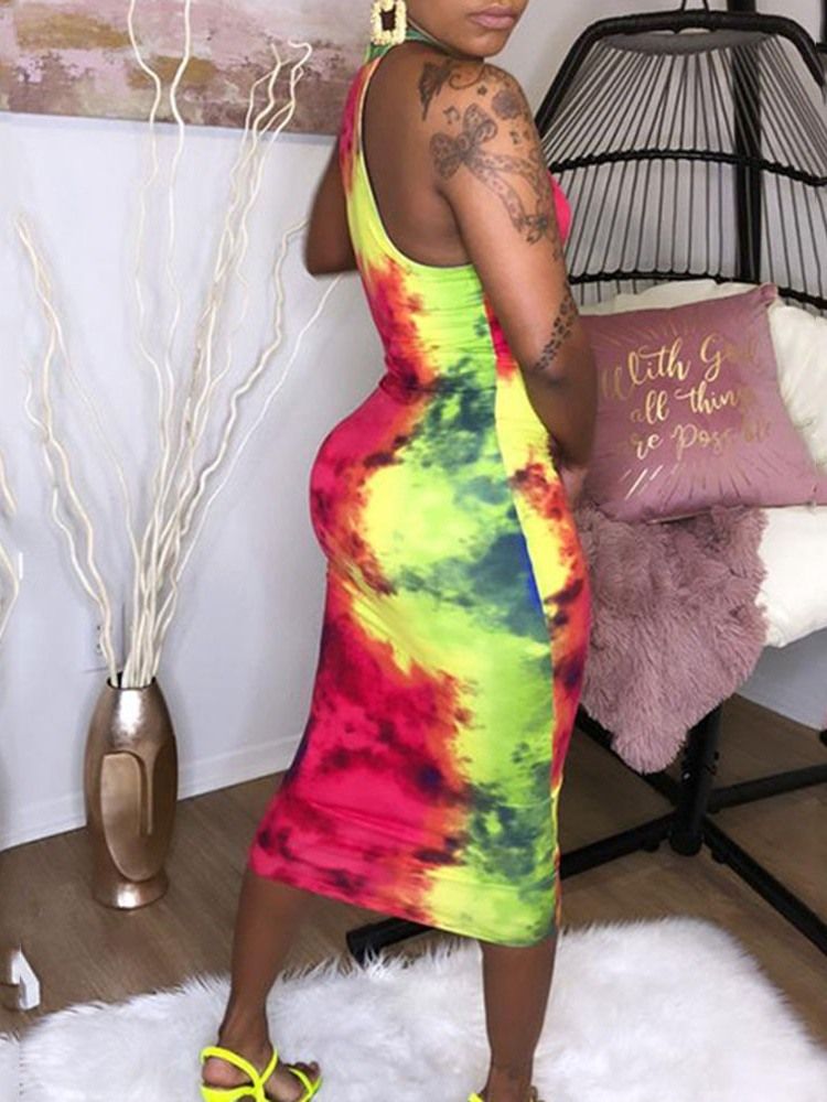 Damen Ärmelloses Ärmelloses Pulloverkleid Mit Mittlerer Taille Im Tie-dye-stil