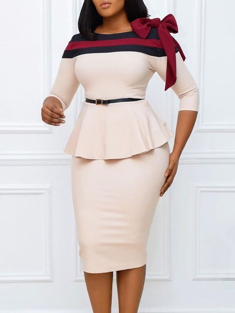 Damen Bowknot Rundhalsausschnitt Dreiviertelärmel Figurbetontes Kleid Mit Hoher Taille