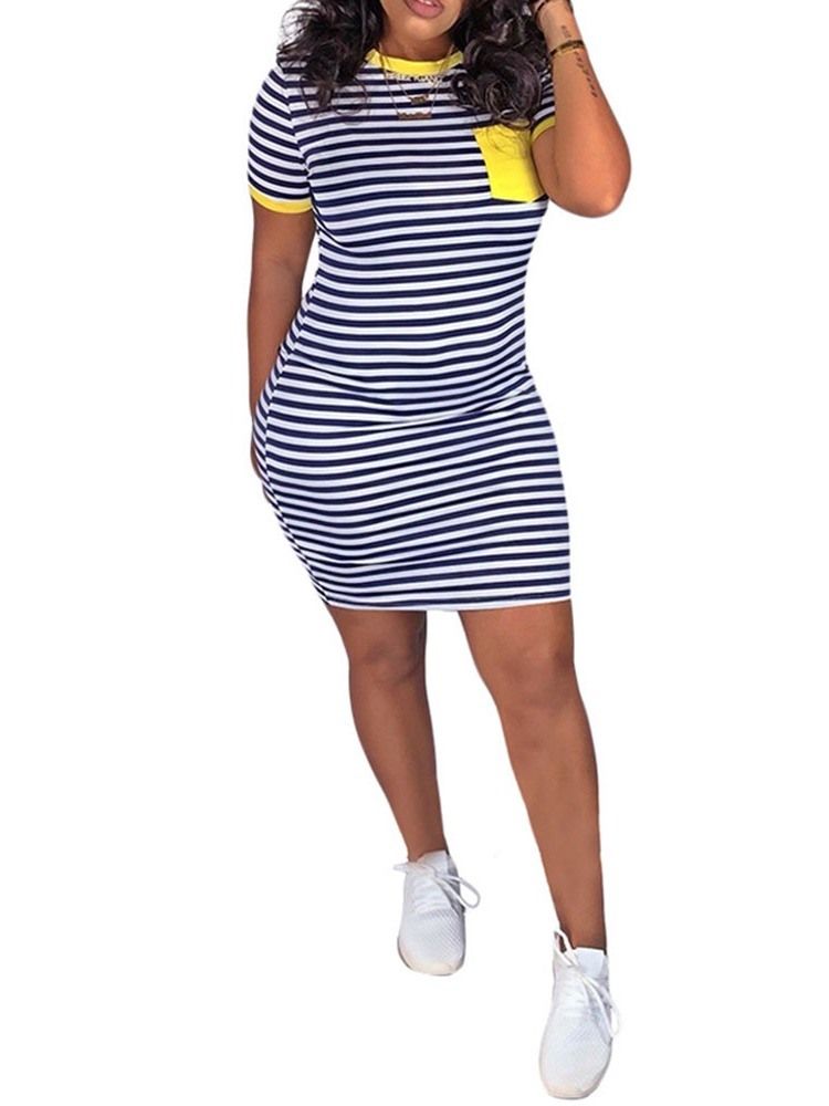 Damen Gestreift Über Dem Knie Rundhalsausschnitt Kurzarm Regular Casual Dress