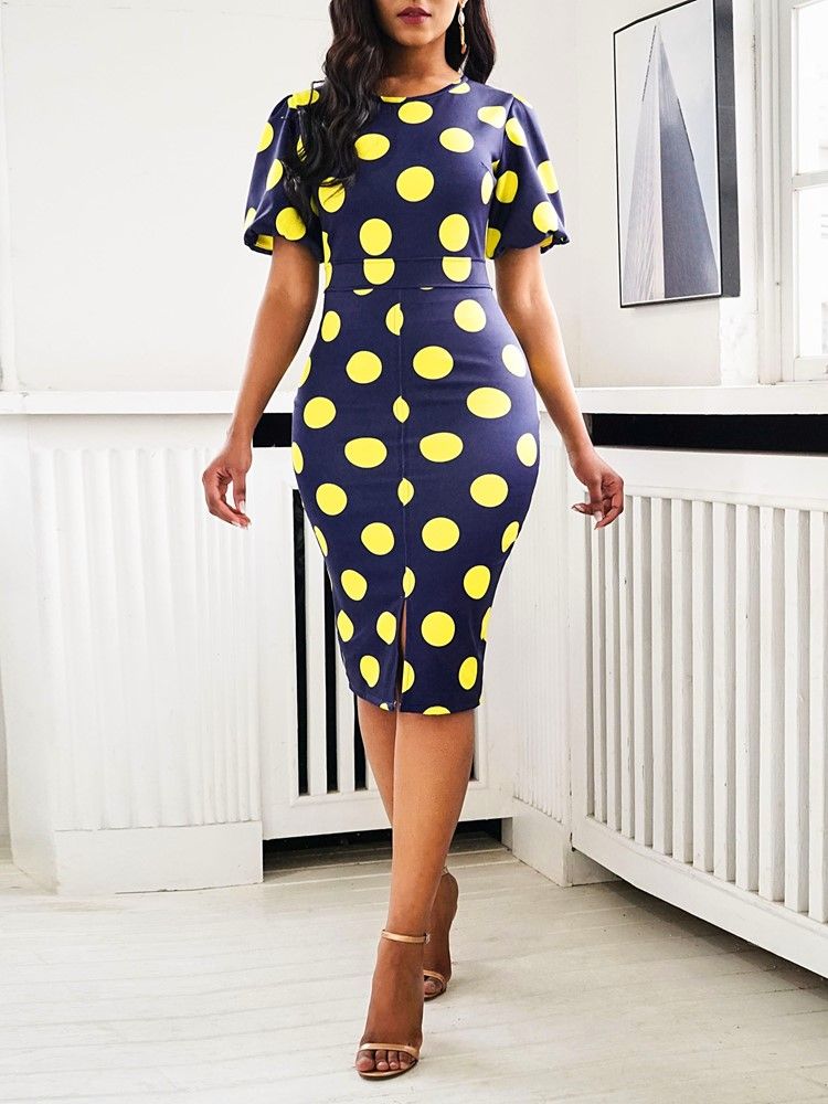 Damen-kurzarm-kleid Mit Rundhalsausschnitt Und Figurbetontem Polka Dots