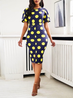 Damen-kurzarm-kleid Mit Rundhalsausschnitt Und Figurbetontem Polka Dots