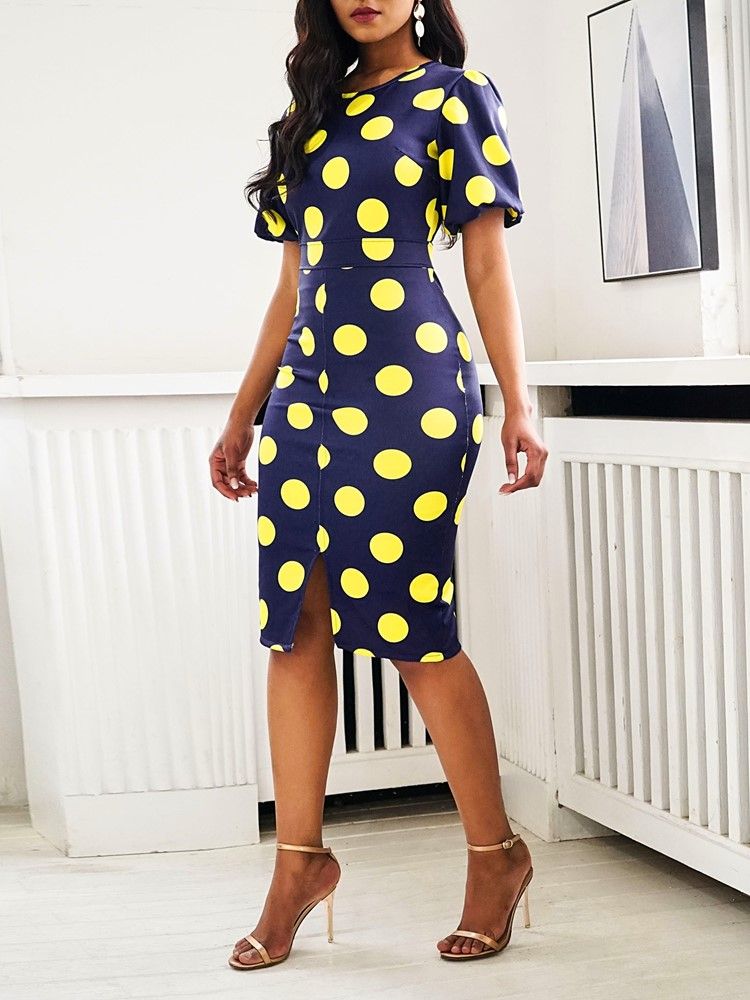 Damen-kurzarm-kleid Mit Rundhalsausschnitt Und Figurbetontem Polka Dots