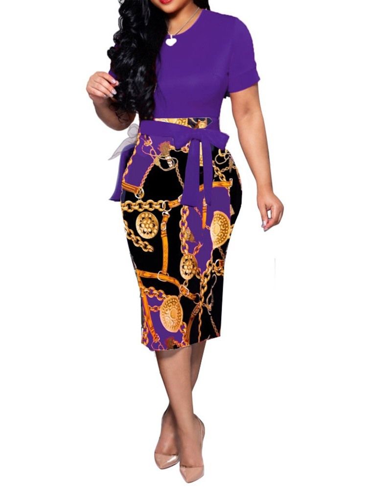 Damen Kurzarm Rundhals Print Sommerkleid Mit Mittlerer Taille