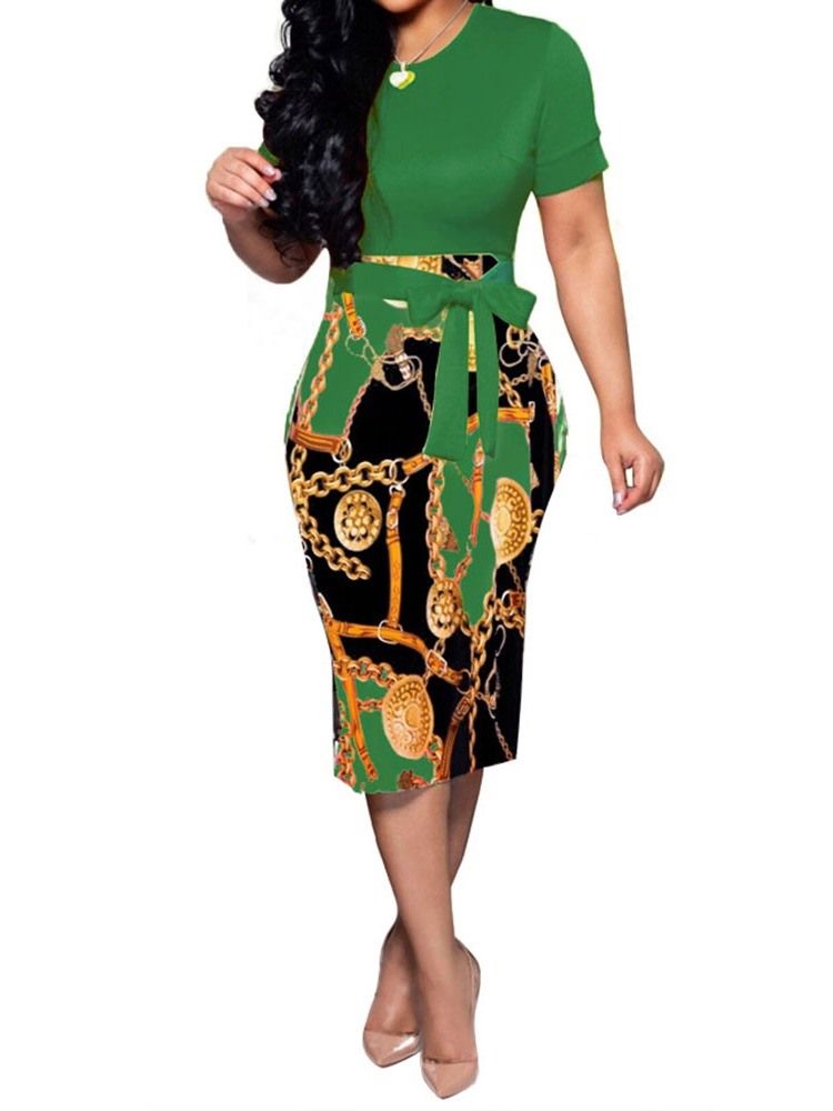 Damen Kurzarm Rundhals Print Sommerkleid Mit Mittlerer Taille