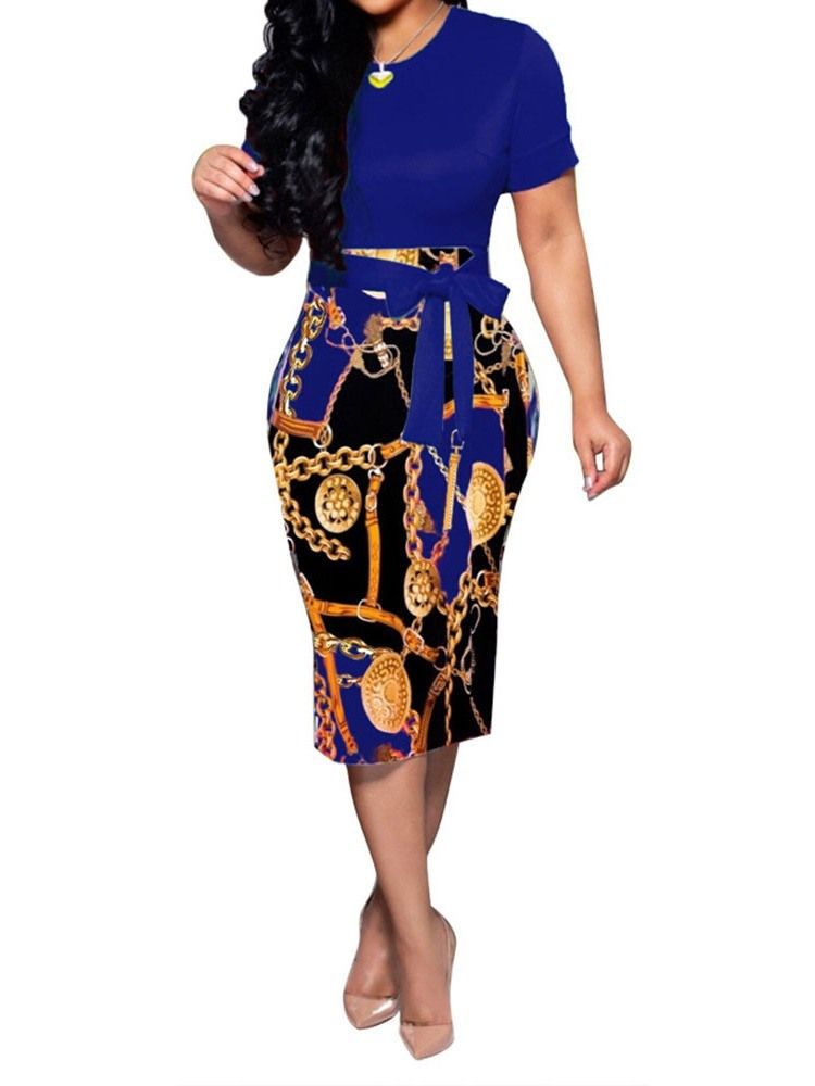 Damen Kurzarm Rundhals Print Sommerkleid Mit Mittlerer Taille