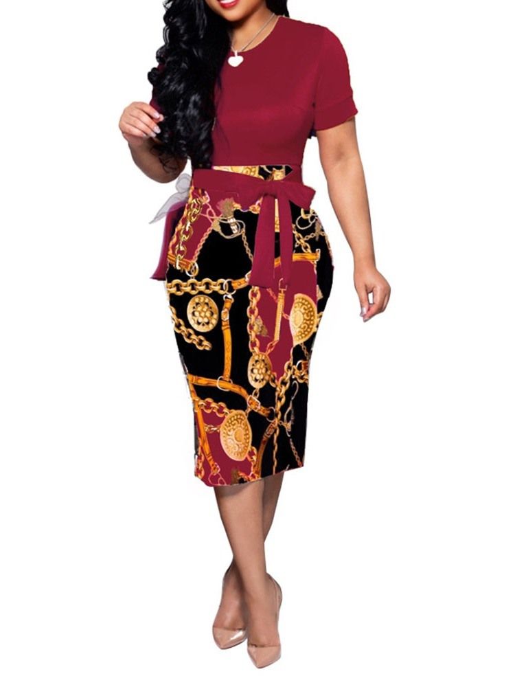 Damen Kurzarm Rundhals Print Sommerkleid Mit Mittlerer Taille