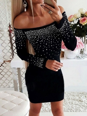 Damen Langarm Über Dem Knie Diamond Cold Shoulder Bodycon Kleid