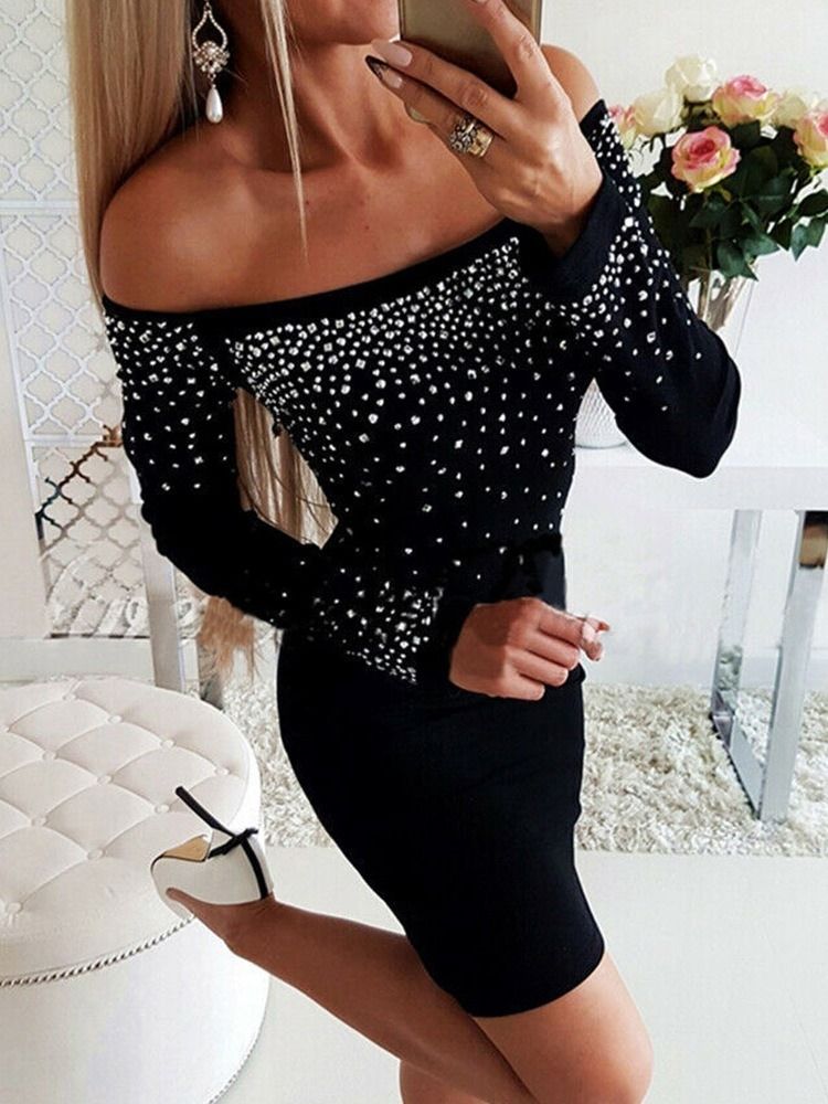 Damen Langarm Über Dem Knie Diamond Cold Shoulder Bodycon Kleid