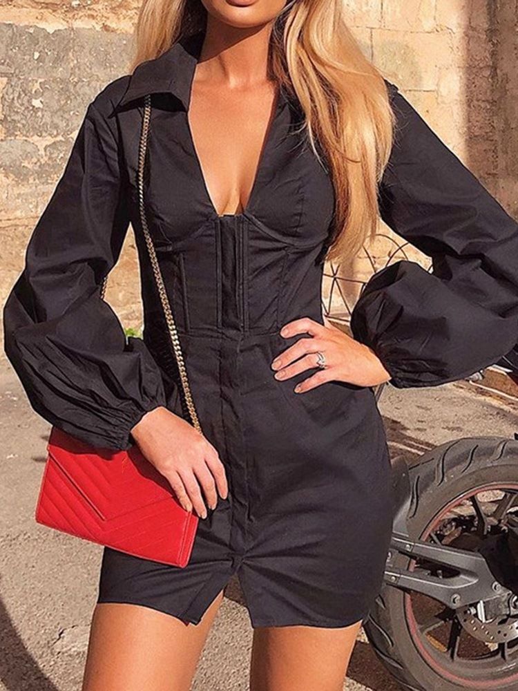 Damen Lange Ärmel Über Dem Knie Revers Sexy Einreihiges Kleid