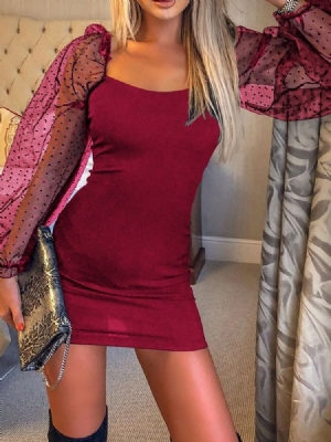 Damen Mesh Über Dem Knie Langarm Mesh Puffärmel Bodycon Kleid