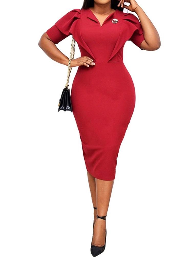 Damen Mid-waden Kurzarm V-ausschnitt Büro Dame Bleistift Bodycon Kleid