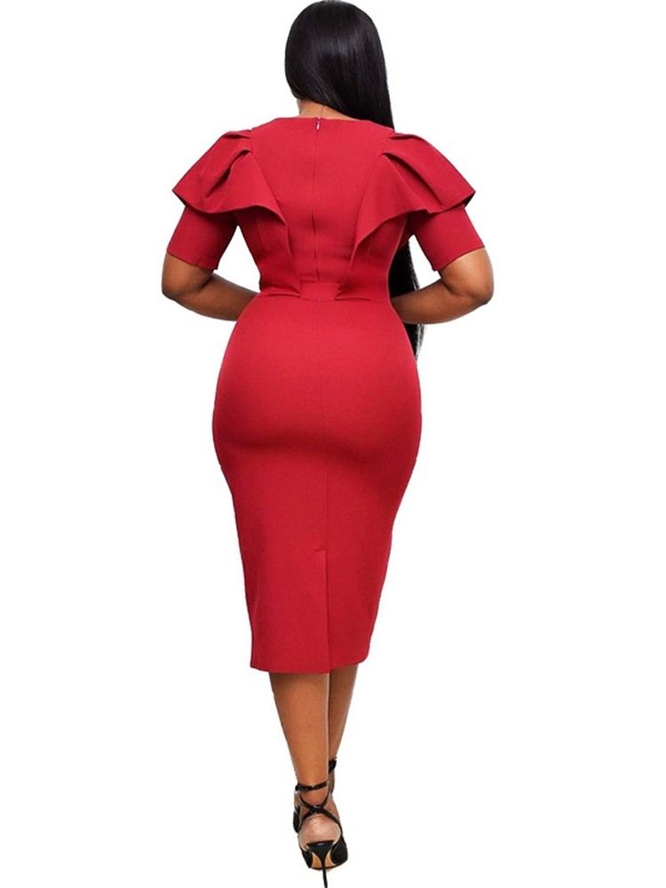 Damen Mid-waden Kurzarm V-ausschnitt Büro Dame Bleistift Bodycon Kleid