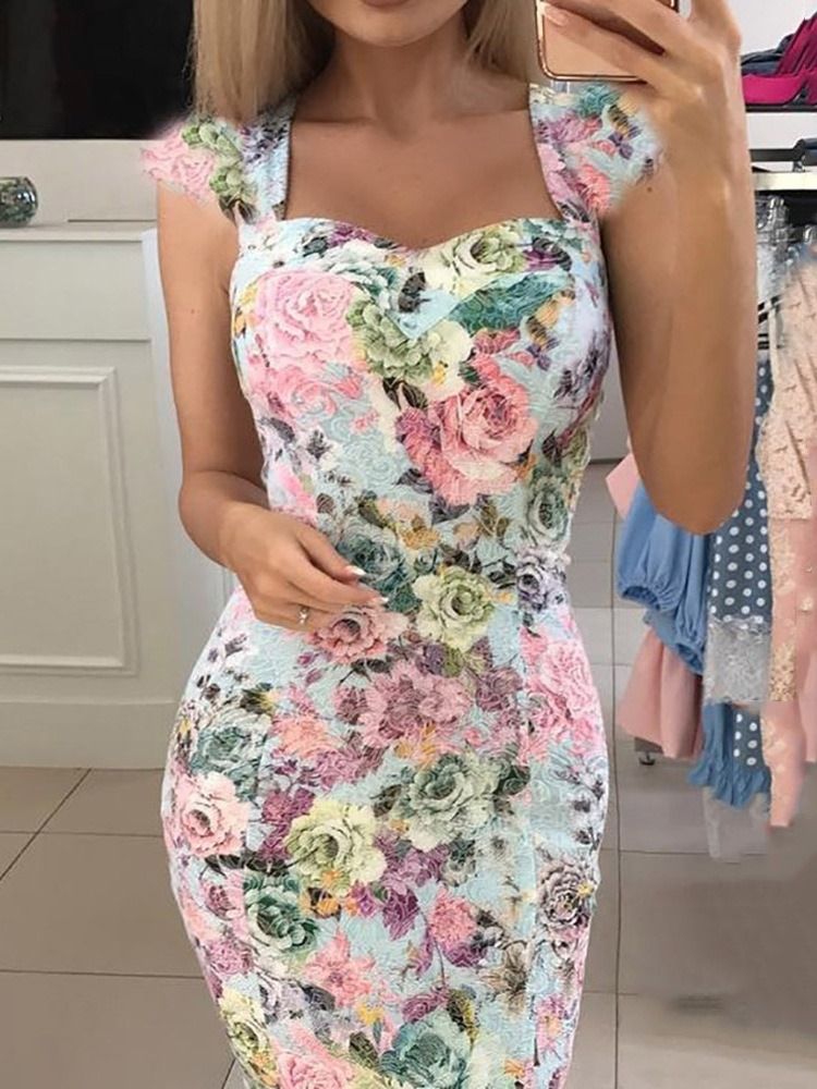 Damen Print Kurzarm Knielanges Sommerkleid Mit Blumenmuster