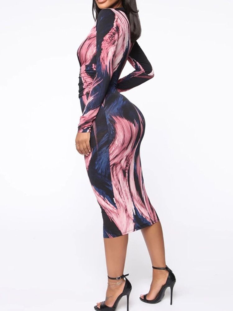 Damen-print-langarm-bleistiftkleid Mit V-ausschnitt Im Herbst