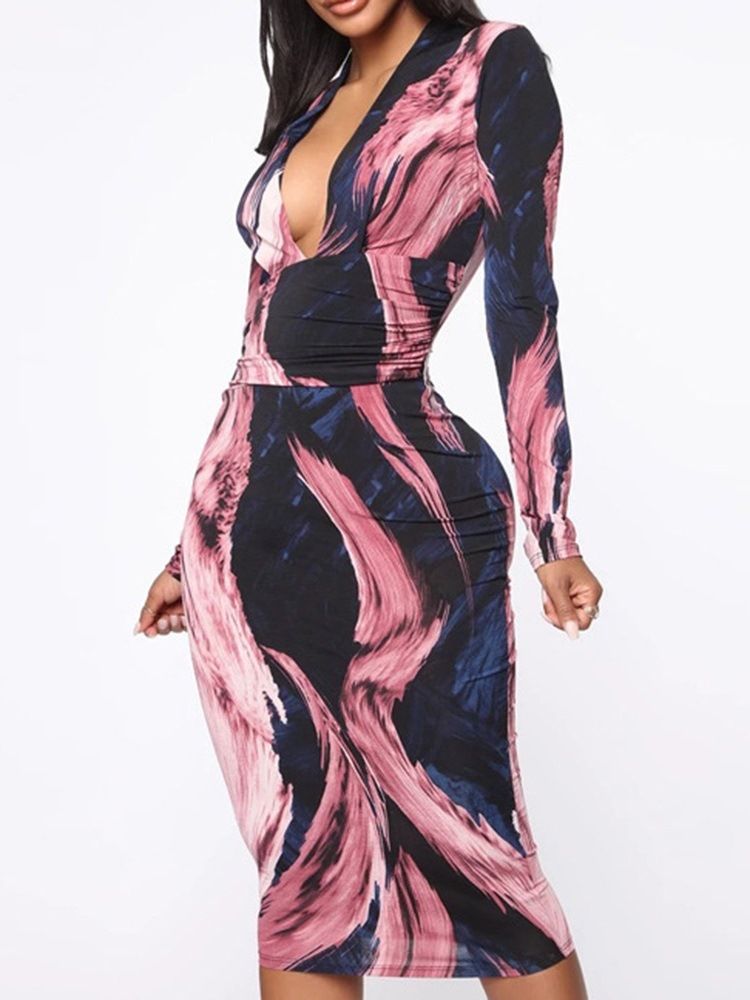 Damen-print-langarm-bleistiftkleid Mit V-ausschnitt Im Herbst