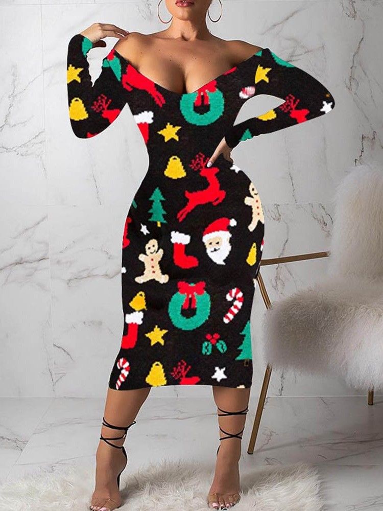 Damen Print Langarm Mid-wade Kalte Schulter Cartoon Kleid