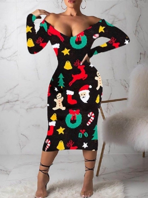 Damen Print Langarm Mid-wade Kalte Schulter Cartoon Kleid