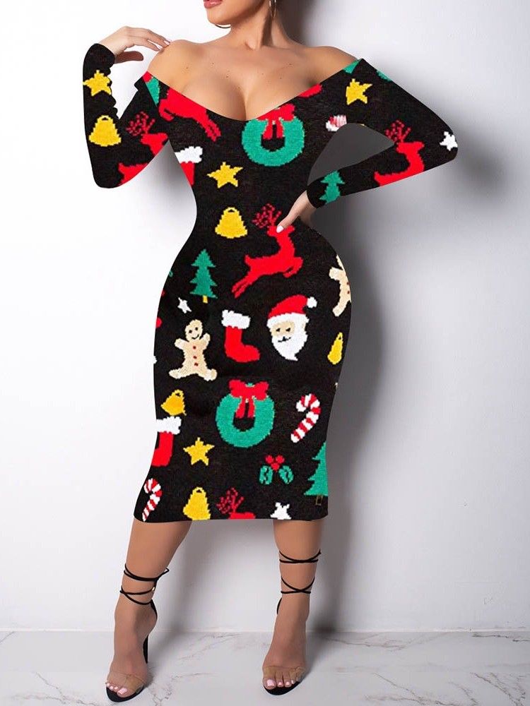 Damen Print Langarm Mid-wade Kalte Schulter Cartoon Kleid