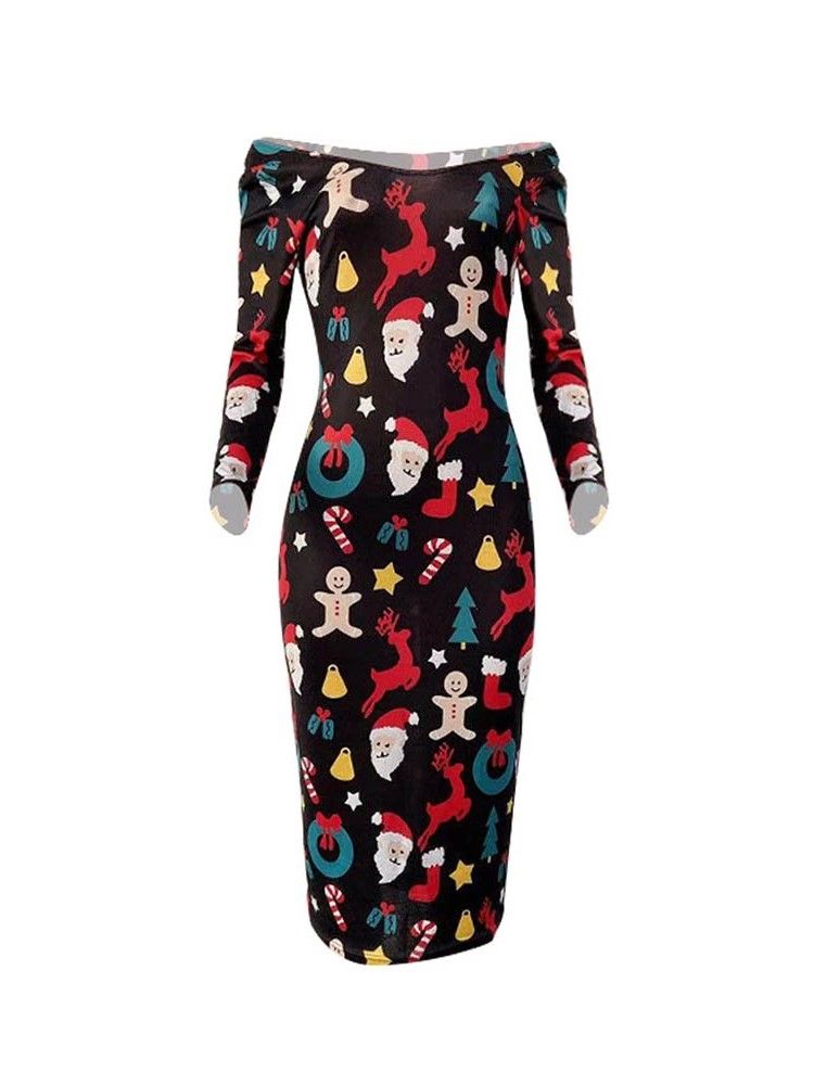 Damen Print Langarm Mid-wade Kalte Schulter Cartoon Kleid