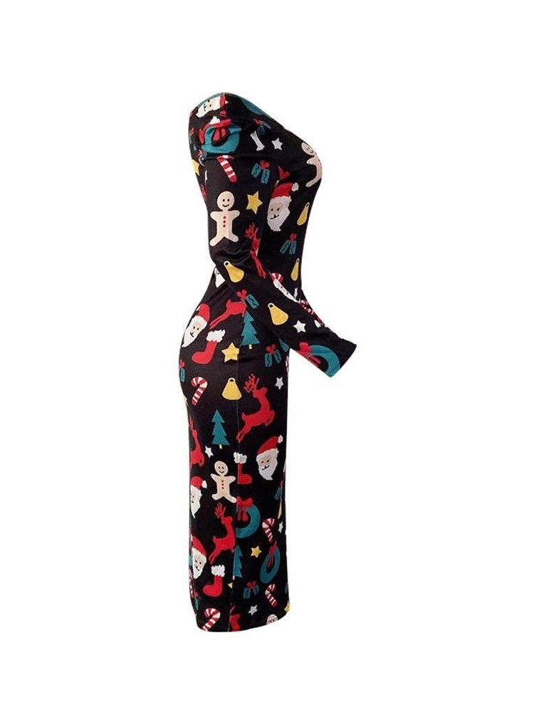 Damen Print Langarm Mid-wade Kalte Schulter Cartoon Kleid