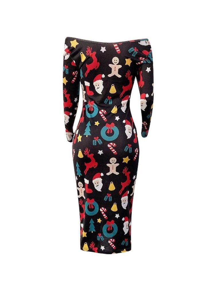 Damen Print Langarm Mid-wade Kalte Schulter Cartoon Kleid