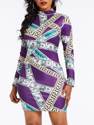 Damen-print-langarm-oberknie-rollkragen-kleid