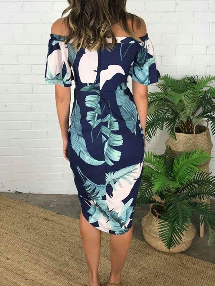 Damen Print Off Shoulder Kurzarm Regular Asymmetrisches Kleid