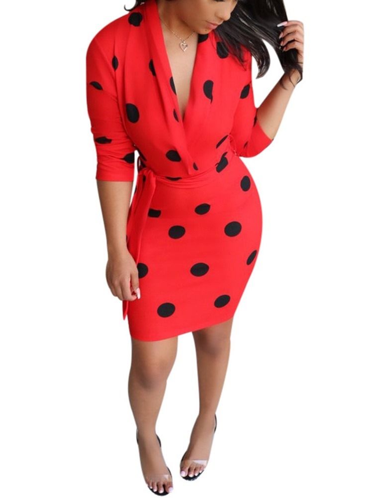 Damen-print V-ausschnitt Neun Punkte Ärmel Polka Dots Herbstkleid