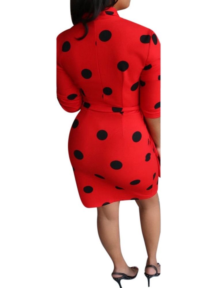 Damen-print V-ausschnitt Neun Punkte Ärmel Polka Dots Herbstkleid