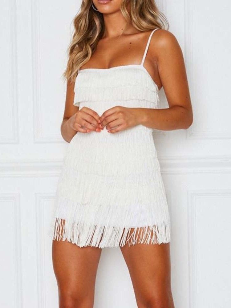 Damen Quaste Ärmellos Über Dem Knie Sexy Spaghetti-trägerkleid