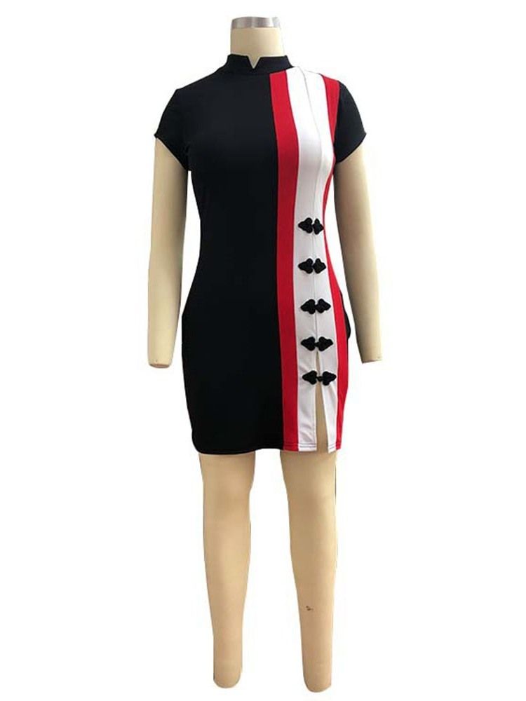 Damen Stehkragen Kurzarm Über Dem Knie Bodycon Fashion Kleid